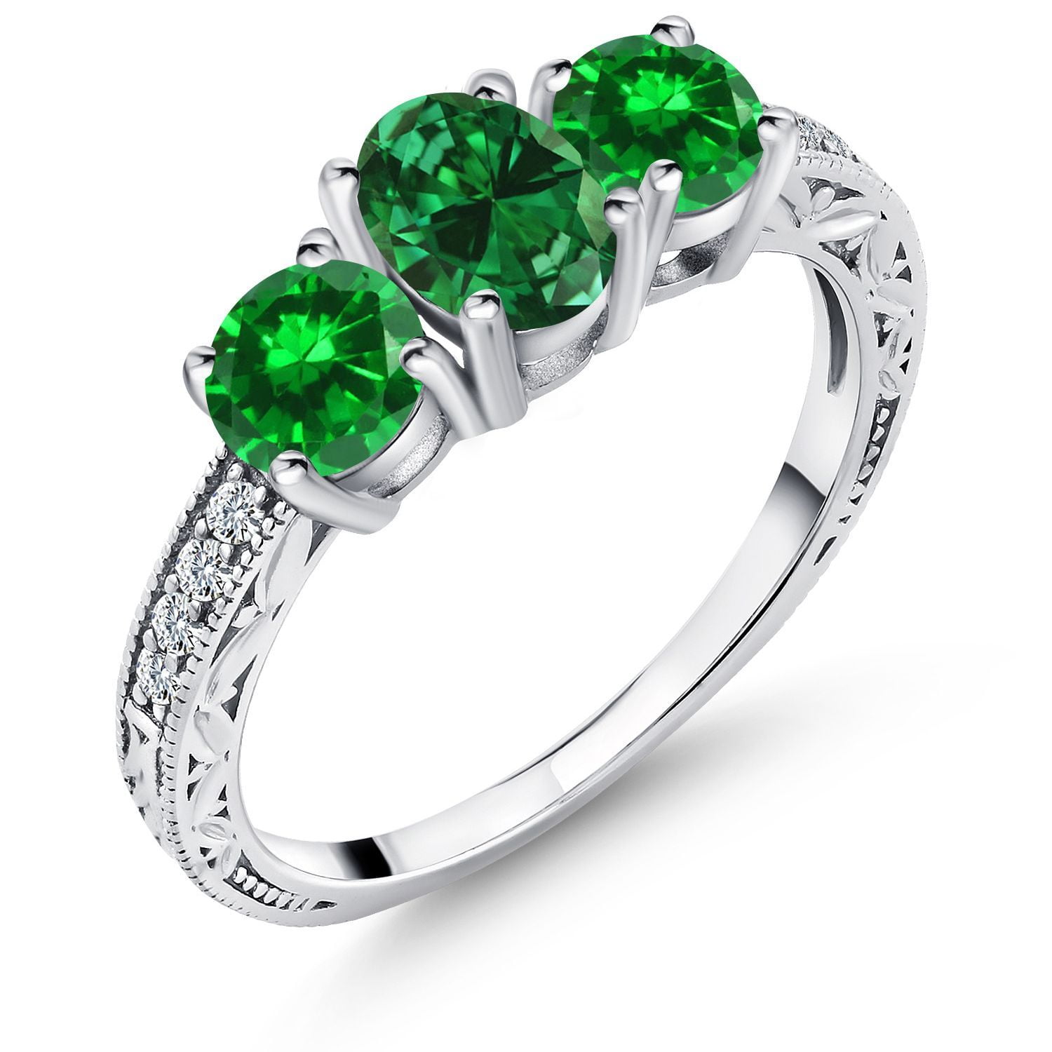 Gem Stone King 2.40 Cttw Green Simulated Emerald 3-Stone Engagement Ring for Women | 925 Sterling Silver | Three Stone Wedding Engagement Anniversary Promise Ring for Women | Size 5