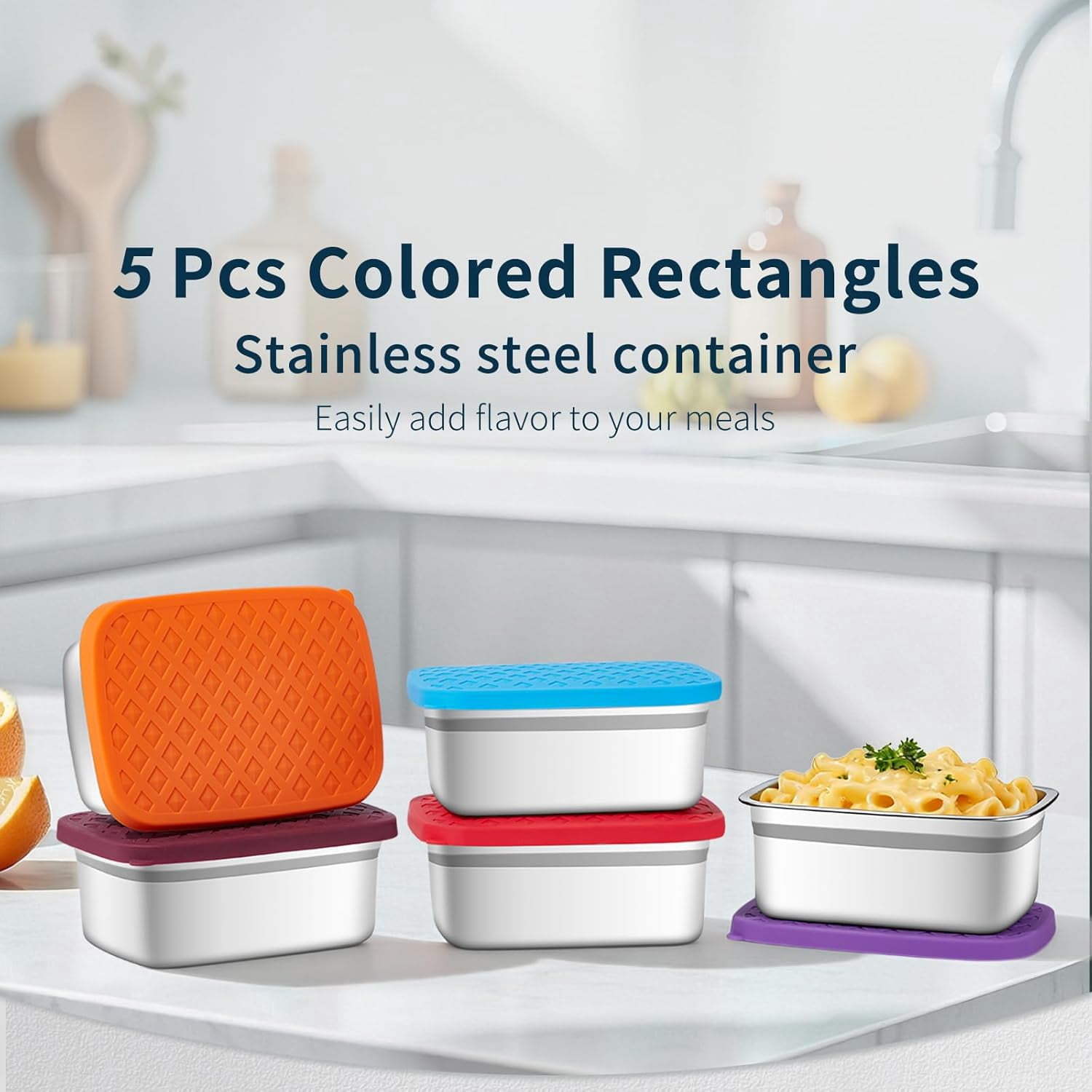 Airtight Silicone Lids Stainless Steel Food Containers - 5 Pack Extra Heavy Duty Meal Prep Boxes for Lunch, Freezer & Dishwasher Safe