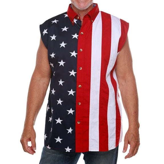 Men's Stars & Stripe American Flgs 100% Cotton Sleeveless Button-Up Shirt