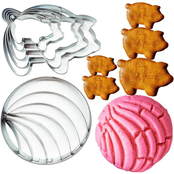 Concha Cutter Mexican Bread Mold 4.1in with 5pc Pig Cookie Cutter Mexican By Doczen - Cortador De Conchas De Pan Mexicano - Concha Stamp Mexican Bread - Concha Mold - Moldes Para Marcador De Conchas