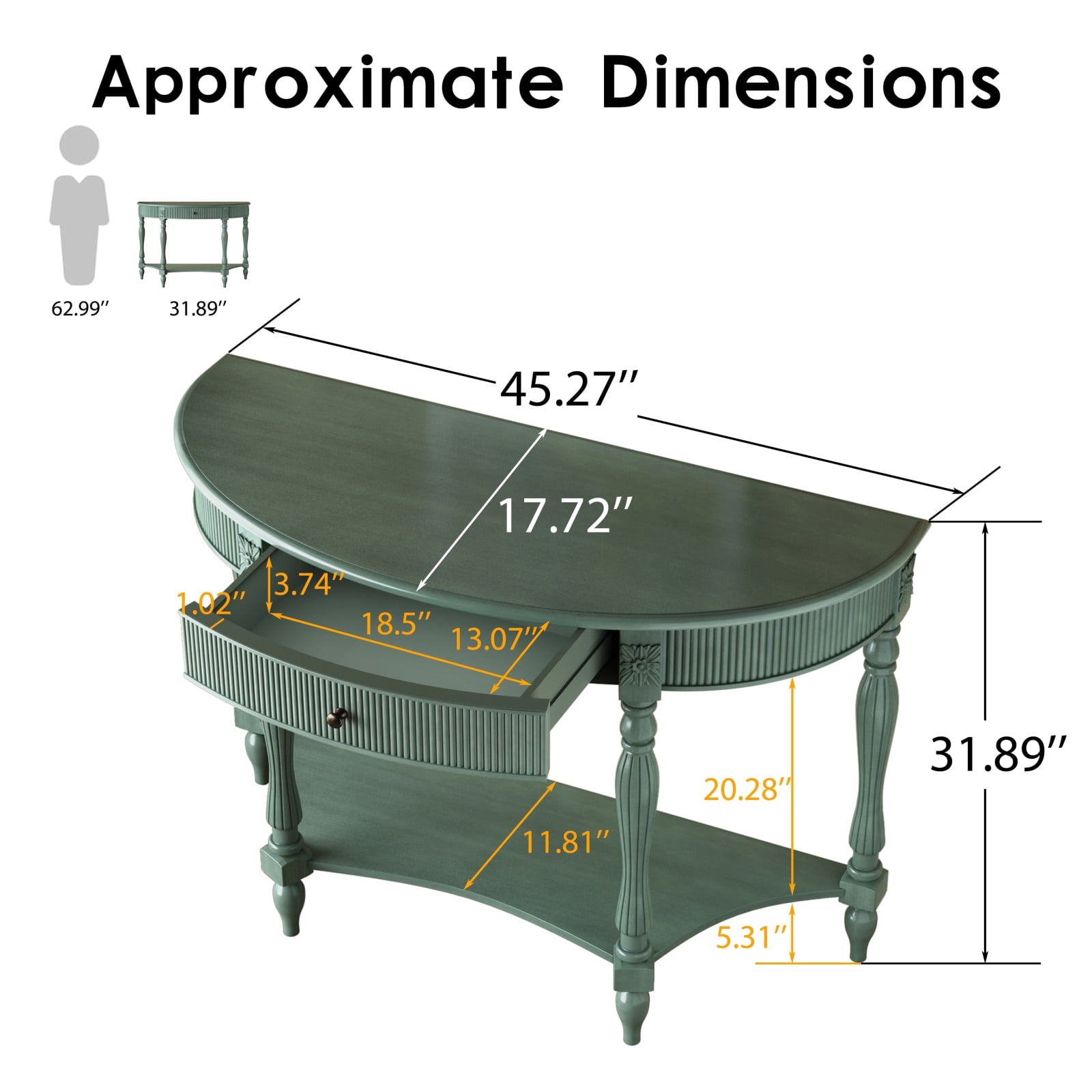 Hommoo Solid Wood Half Moon Console Table with Drawer & Open Shelf, Vintage Fluted Entryway Table for Hallway, Foyer, Living Room, Sofa Table with Roman Column Carved Legs, Rustic Green