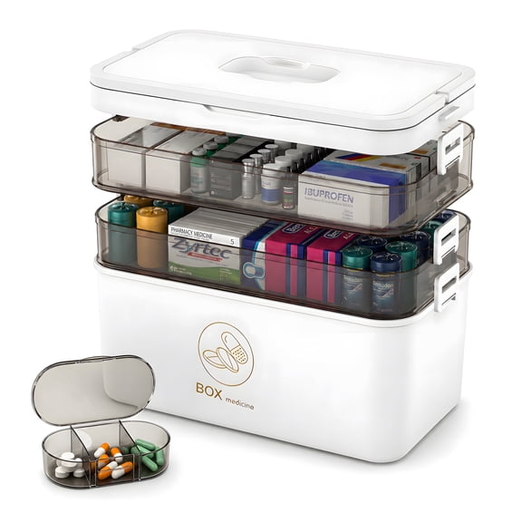 3-Tier Medicine Organizer - Portable Medicine Cabinet with Plastic Handle, Multipurpose Medical Box, Pill Organizer, Empty First Aid Kit for Home