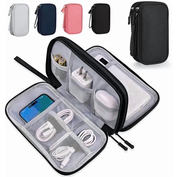 Travel Cable Organizer Pouch, Double Layers All-in-One Storage Bag for Cord, Portable Waterproof Electronic Accessories Carry Case, For Cord, Charger, Earphone, Mobile Phone, SD Card (Black)