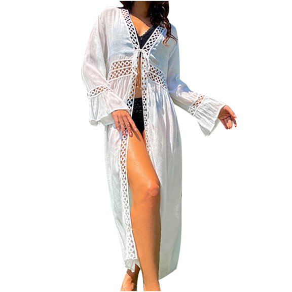 LIaqionyy Womens Long Cover up Bikini Coverups Tie Front Bathing Suit Swimsuit Beachwear Cardigan Vacation Outfits