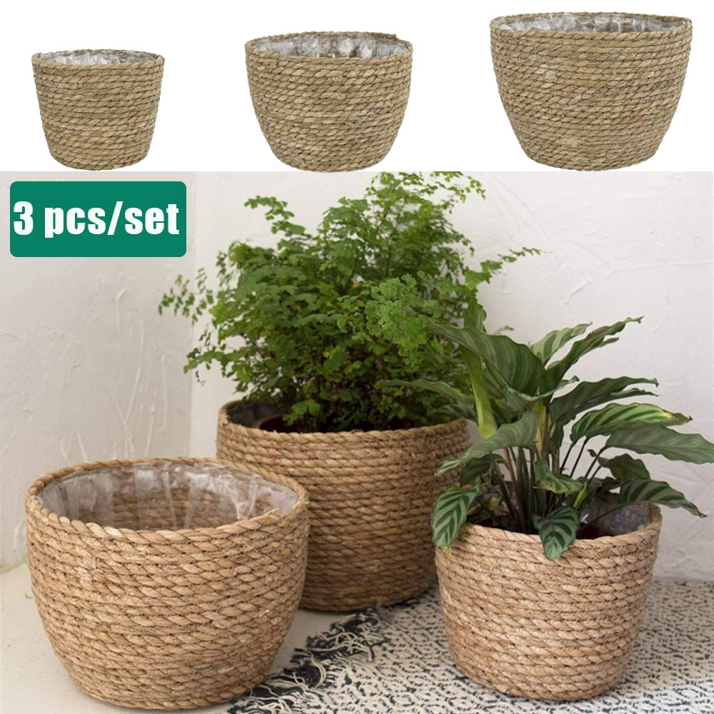 Seagrass Woven Storage Wicker Basket Flower Plants Straw Pots Bag Decor 1/3Pcs 