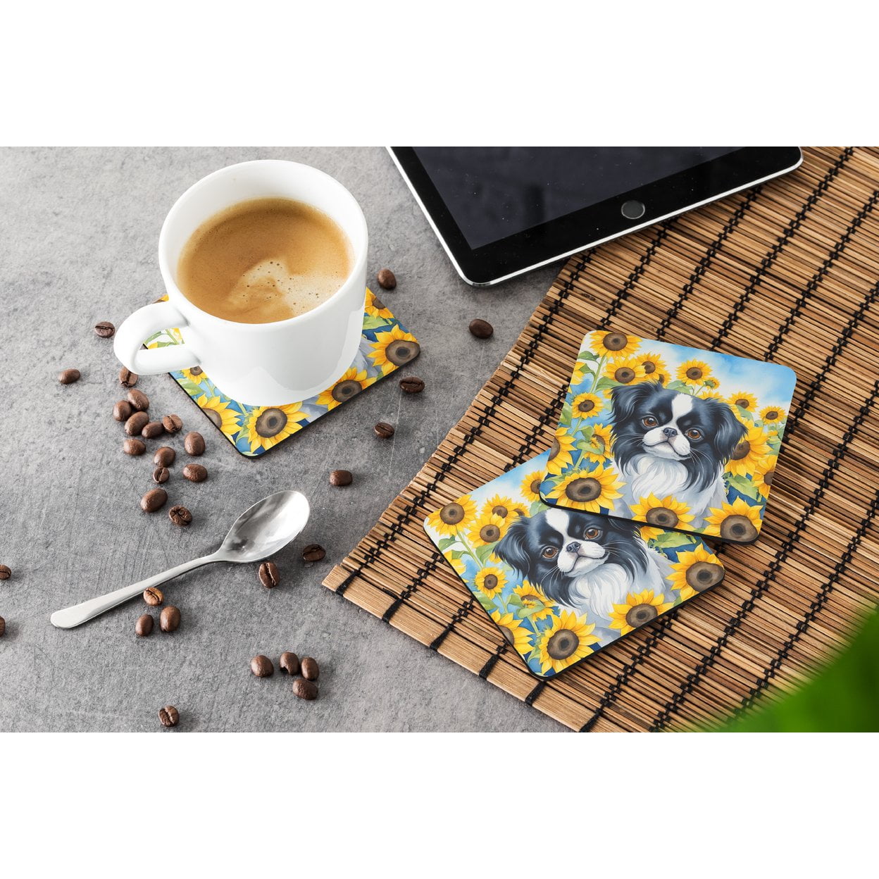 Japanese Chin in Sunflowers Foam Coasters 3.5 in x 3.5 in