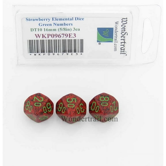 Strawberry Elemental Dice with Green Numbers DT10 16mm (5/8in) Pack of 3 Wondertrail