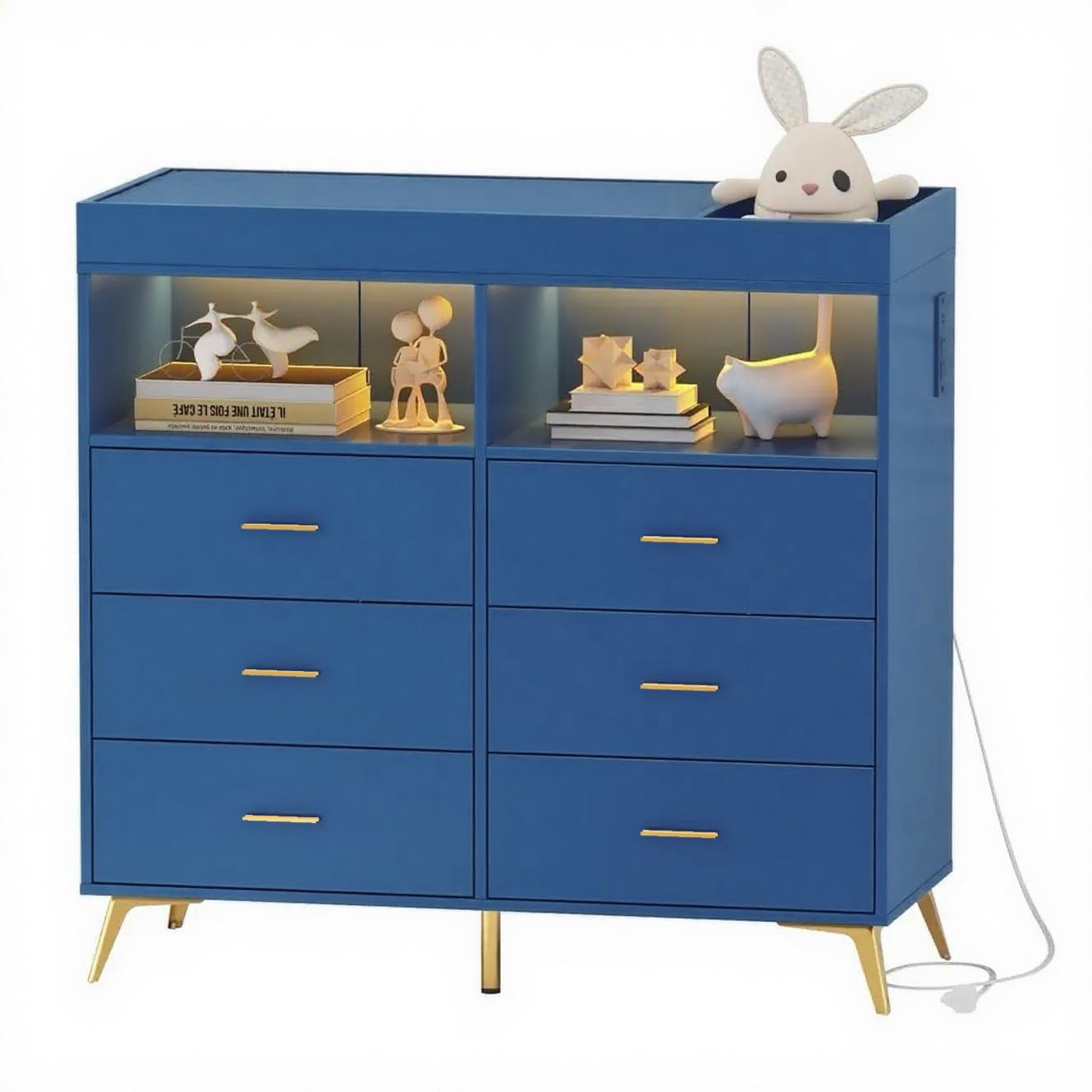 Ataucjin Dresser for Bedroom with 6 Drawers, Multi-Functional Changing Dresser with LED Lights & Charging Station,Changing Table Table with Diaper Changing Station（ship in 2 boxes）
