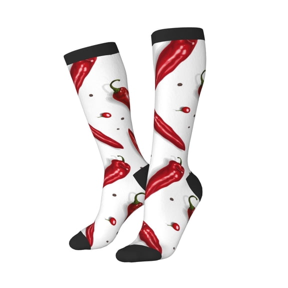 Knee High Socks for Women Men Athletic - red Pepper Print Thigh-High Black Sole Comfort Breathable Long Socks for Casual Travel Running