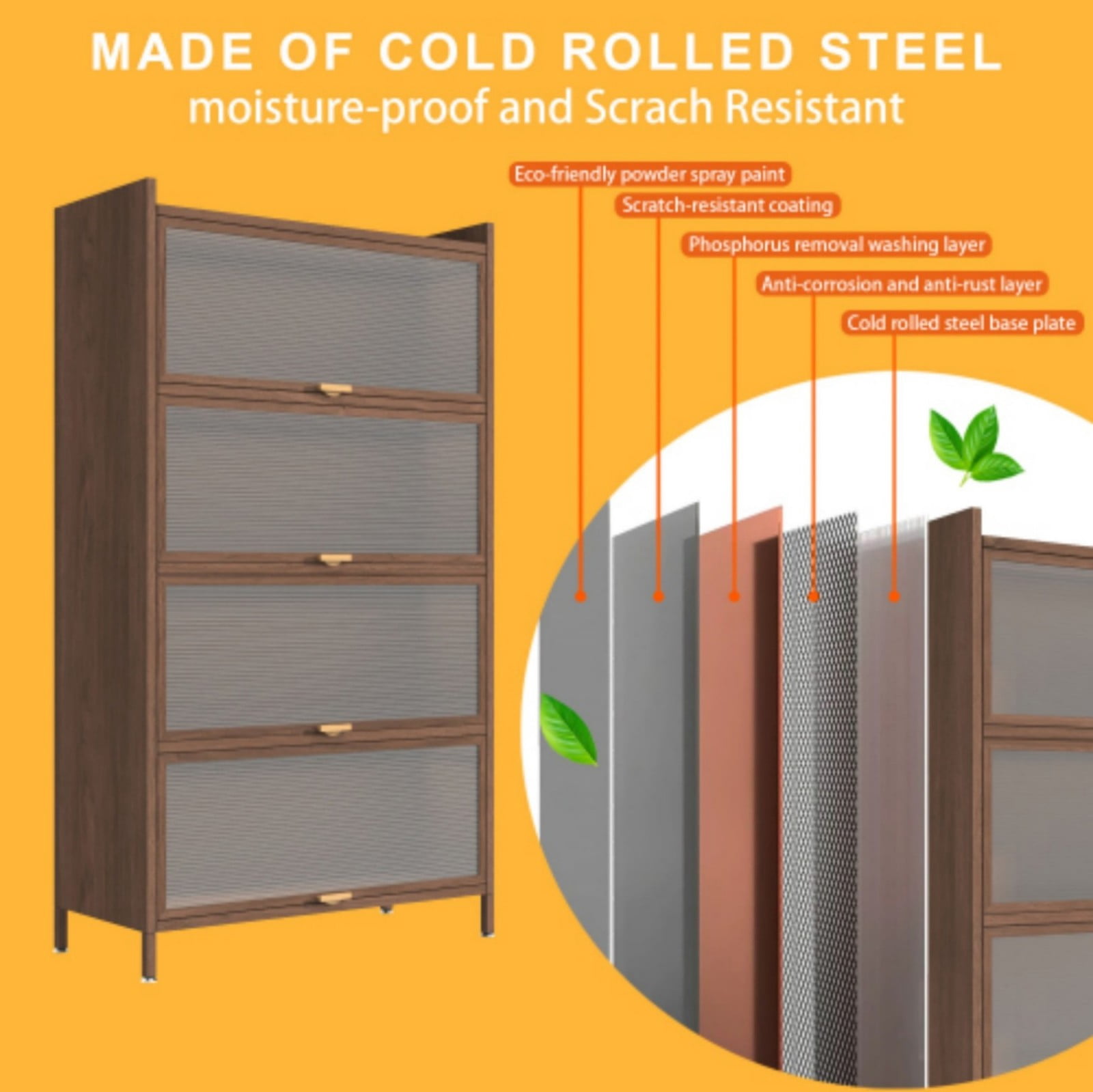 57" Tall Metal Storage Cabinet with 4 Flip Doors, Steel Freestanding Organizer with Ample Storage for Office Bedroom Living Room, Walnut