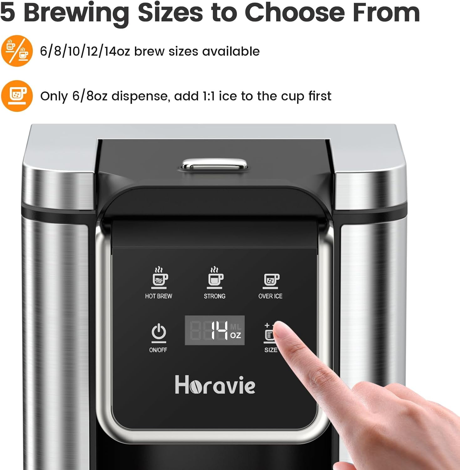 Single Serve Coffee Maker for K-Cup Pod and Grounds, Hot and Iced Coffee Maker, 6 to 14oz Brew Sizes, 50oz Removable Reservoir, Strong Button Feature, Fit 6.5" Mugs, Stainless Steel, Black
