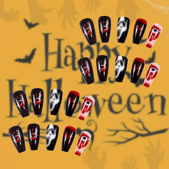 Halloween Press on Nails Long Stiletto Fake Nails Ghost False Nails with Design Spider Web Glue on Nails Reusable Glossy Acrylic Nail Full Cover Black White Stick on Nails for Women Manicure 24Pcs