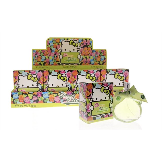 lote de regalo de fragancia frutal para niños, perfume en aerosol para modelar gatos bonitos kt, europeo y americano set 50ML botella de vidrio verde con cabezal rociador visible y forma redondeada, caja multicolor con ilustración de gatito estilo dibujo animado, frontal sobre fondo blanco; a menudo usado como obsequio para fiestas infantiles.