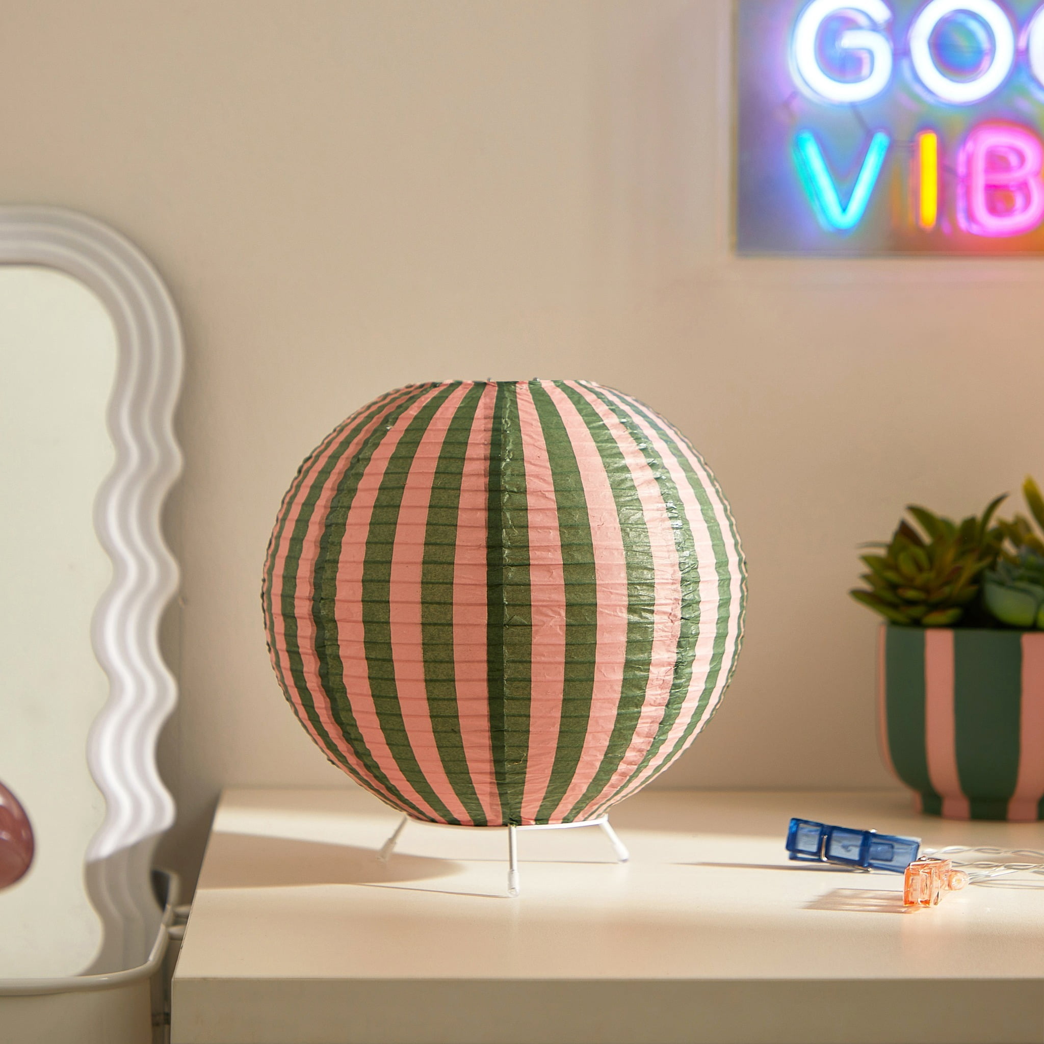 Urban Shop 8.2"H x 9" D Paper Lantern Table Lamp, Green and Pink Stripe