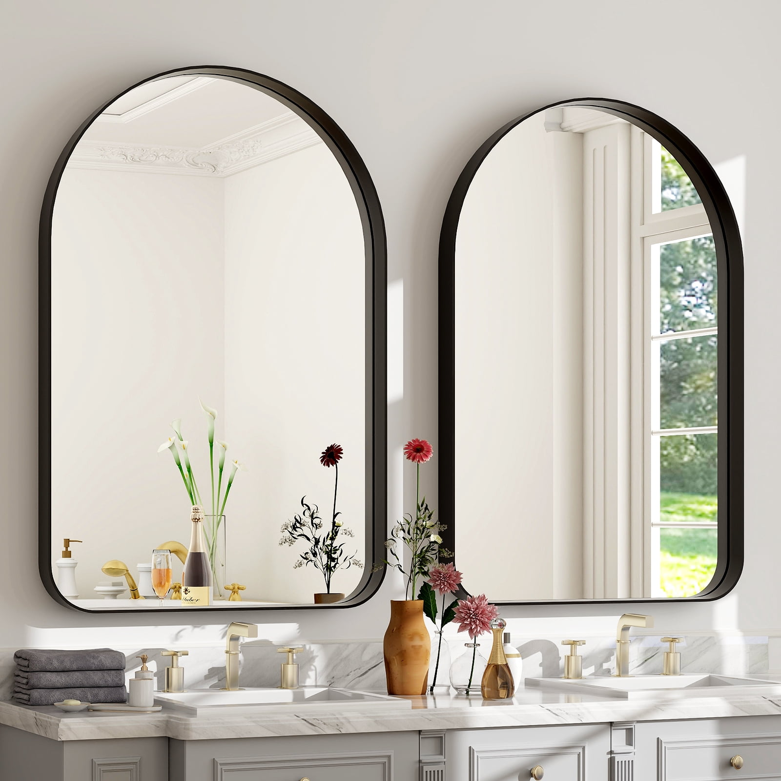 Gleamira 20"x30" Arch-Top Bathroom Mirror Deep Metal Frame Wall-Mounted Mirror , Black
