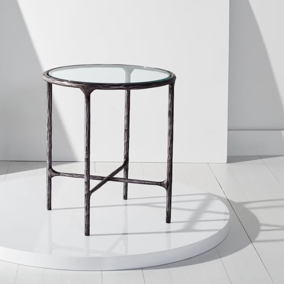 SAFAVIEH Couture Jessa Glam Glass Top Metal Round End Table, Black