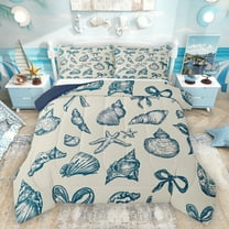 Homewish Kawaii Seashell Starfish Queen Comforter Set, Cute Marine Sealife Bedding Sets, Vintage Ocean Cartoon Reversible Bedding Comforter Set, Lightweight Room Decor, 3pcs