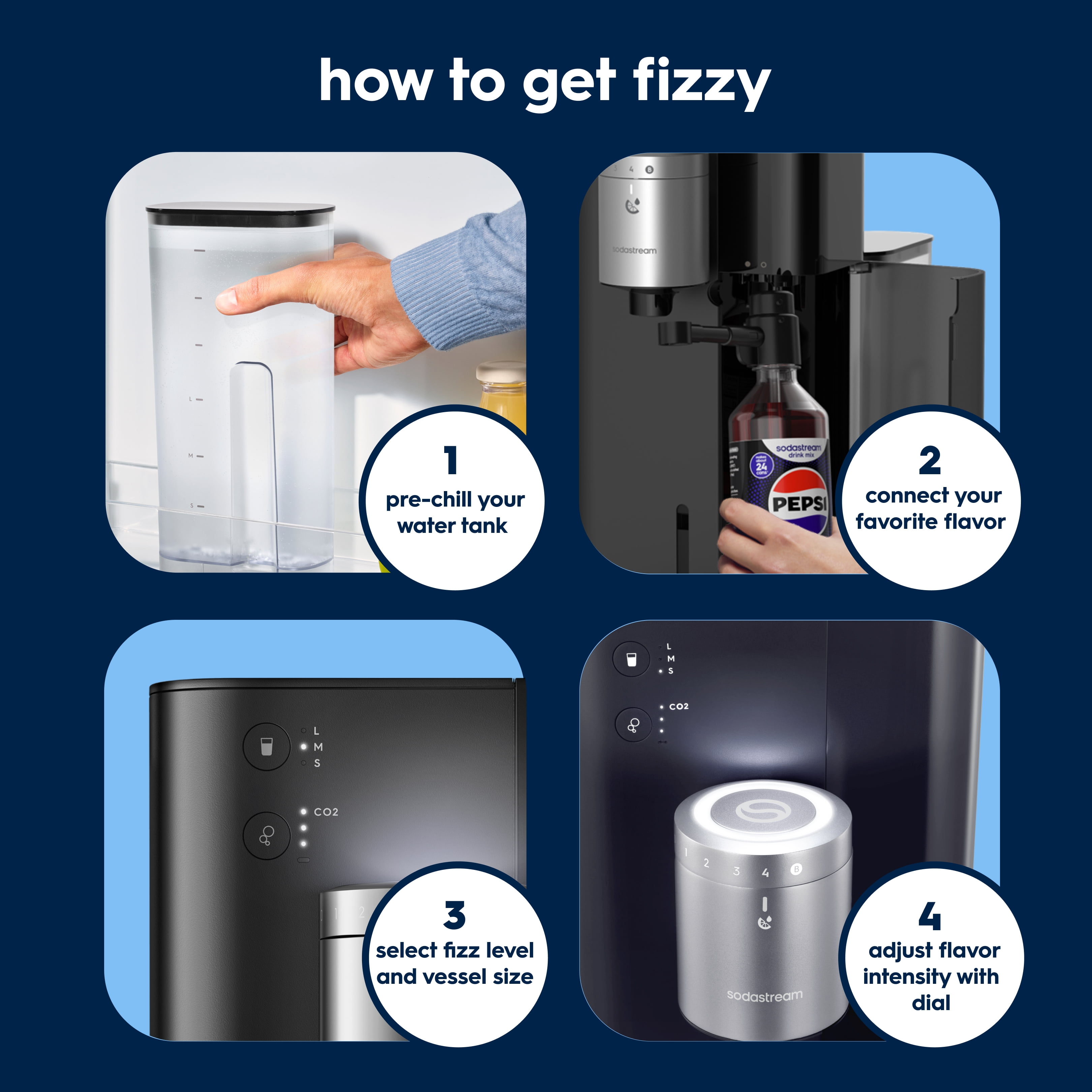 Sodastream Fountain Sparkling Drink Maker Black/Silver, Includes Quick Connect CO2, Water Tank, 2 Flavor Connect Caps, and Pepsi Zero Drink Mix, 14.9oz