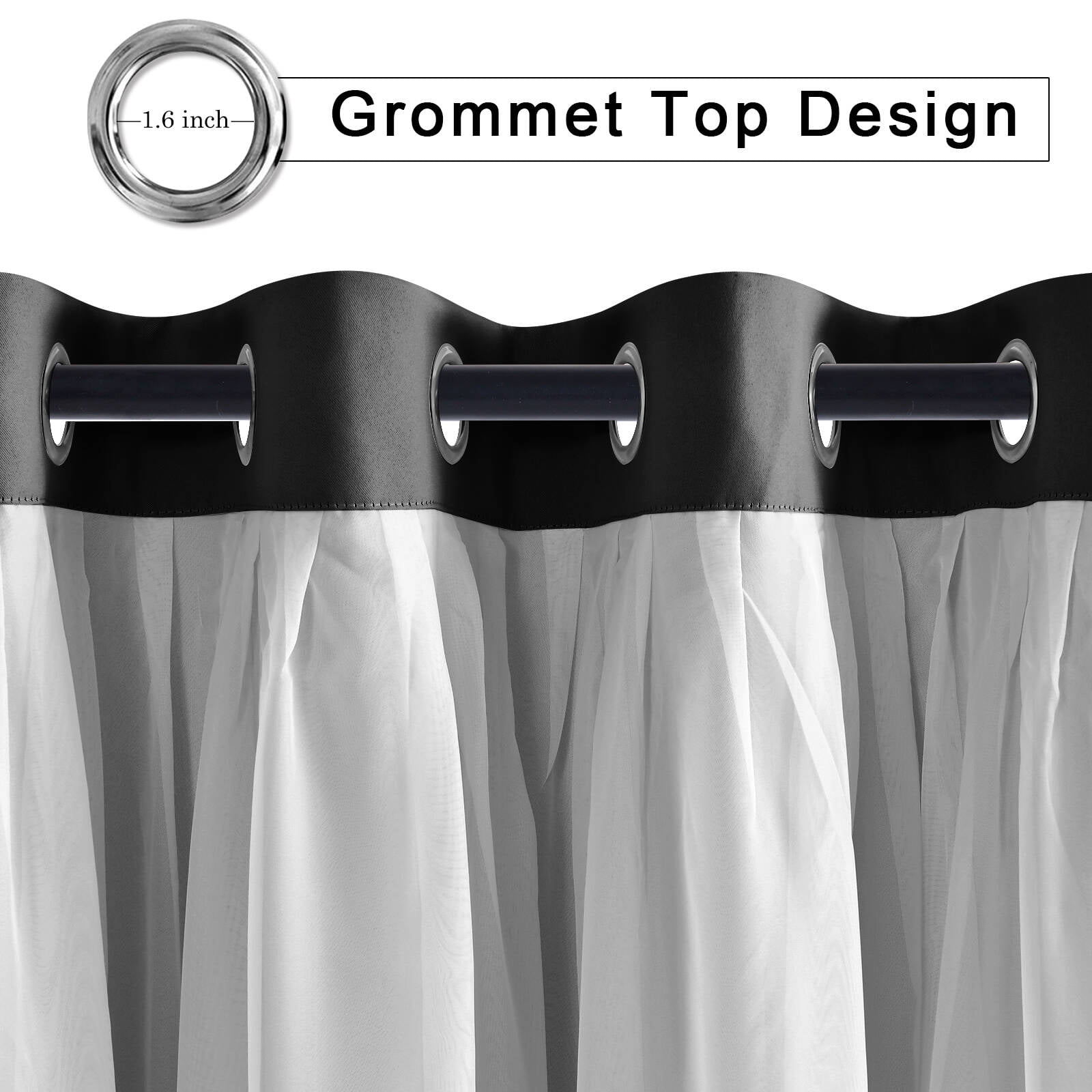 Hiasan Black Blackout Curtains with Sheer Overlay, Grommet Thermal Insulated Mix & Match Double Layer Window Curtains for Bedroom, Living Room, 2 Drape Panels Swen with Tiebacks, 42W X 84L