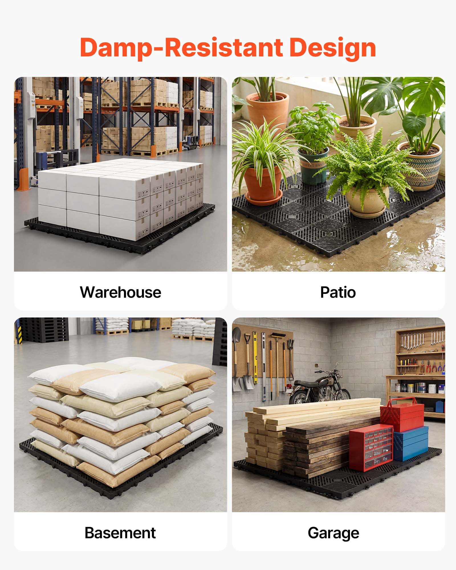 VEVOR Plastic Pallets, 6 Pcs Plastic Pallets for Basement Storage, Nestable Lightweight Waterproof Storage Pad with Breathable Grid for Indoor Outdoor Supermarket Warehouse, 23.6"x11.8"x1.2", Black