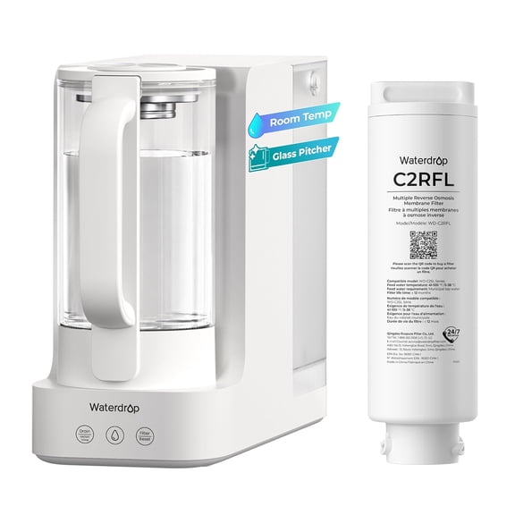 Waterdrop C2SL Countertop Reverse Osmosis System with Extra C2RFL Replacement Filter, 40oz Autofill Glass Pitcher, 7-Stage RO Filtration, 3:1 Pure-to-Drain, Added Minerals, Installation-Free