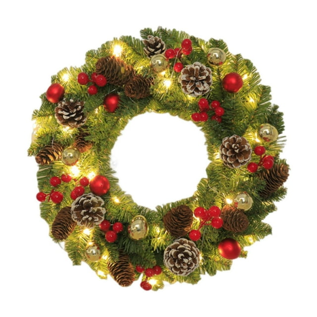 Corona navideña con luces, simulación de corona navideña de bayas rojas, corona de invierno, corona para puerta de entrada, celebración en la ventana