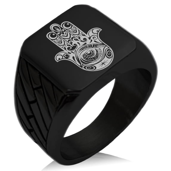 Stainless Steel Crescent Hamsa Hand of Fatima Geometric Pattern Biker Style Polished Ring