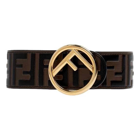 New Fendi F Is Fendi Zucca Brown Calfskin Leather Belt Gold-Tone Logo Size 80