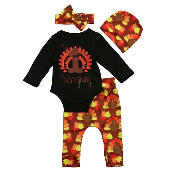 Infant Baby Girls BoysThanksgiving Clothes My First Thanksgiving Turkey Romper Pants Hat Headband Outfits Set 4Pcs