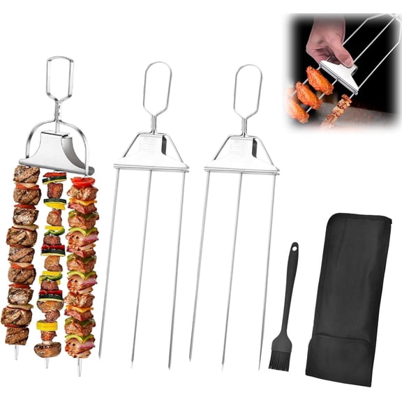 2026 New 3 Way Grill Skewers, Metal Skewer For Grilling, Stainless Steel Grill Skewers With Push Slider Bar, Reusable Metal Skewer For Meat, Chicken & Outdoor BBQ (2Pcs)M
