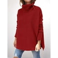 thumbnail image 4 of Women'S Turtle-Neck Oversized Sweaters Long Batwing Sleeve Spilt Hem Tunic Pullover Knit Tops Wine Red XXL, 4 of 7
