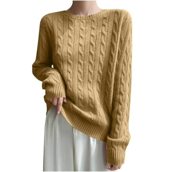 Olyvenn Women Long Sleeve Cable Knit Casual Sweater, Loose Crewneck Fall Sweaters Pullover Solid Color Comfy Daily Tops Gold S