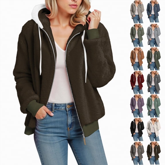 Towmus Winter Coats for Women Plus Size Fleece Zip Up Sweatshirts Warm Plush Hooded Lightweight Cardigan Jackets Sherpa Coats