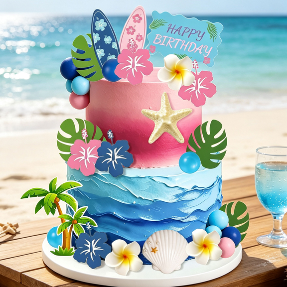 Hawaiian Beach Themed Cake Decoration Set - 28 Tropical Party Decorations, Perfect for Birthdays, Pool, and Beach Parties