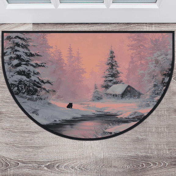 CURLYOOT Forest Winter Half Round Door Mat 40'' x 63'', Indoor Outdoor Entrance Rug, Semi Circular Area Rug, Non Slip Washable Absorbent Doormat, Landscape Laundry Room Rug