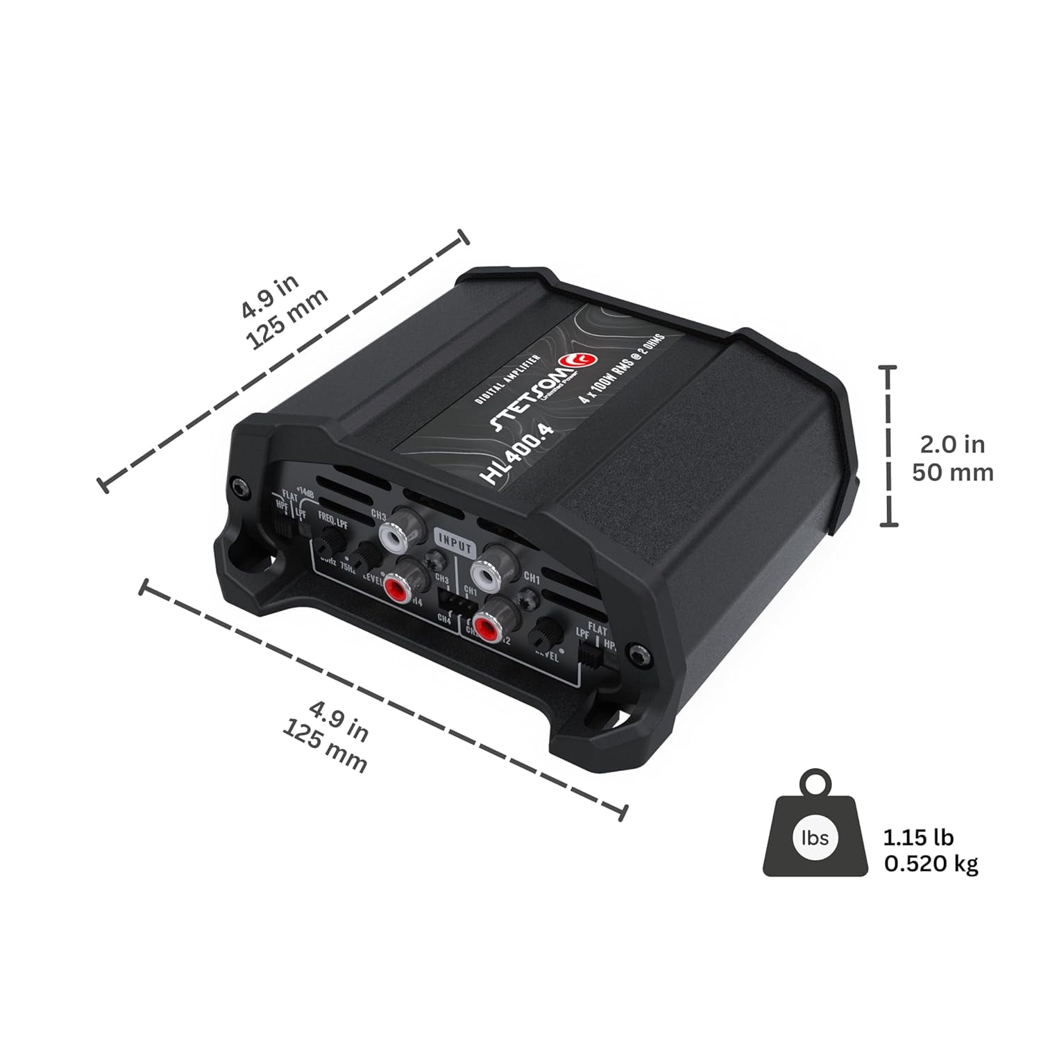 Stetsom HL 400x4 2 Ohms - Compact Digital 4 Channel Amplifier, 400W RMS 400x4, Full Range, High Input, Bass Boost Gain + 14db (Variable Adjustment 30-75hz), Multichannel, Digital Sound, Crossover
