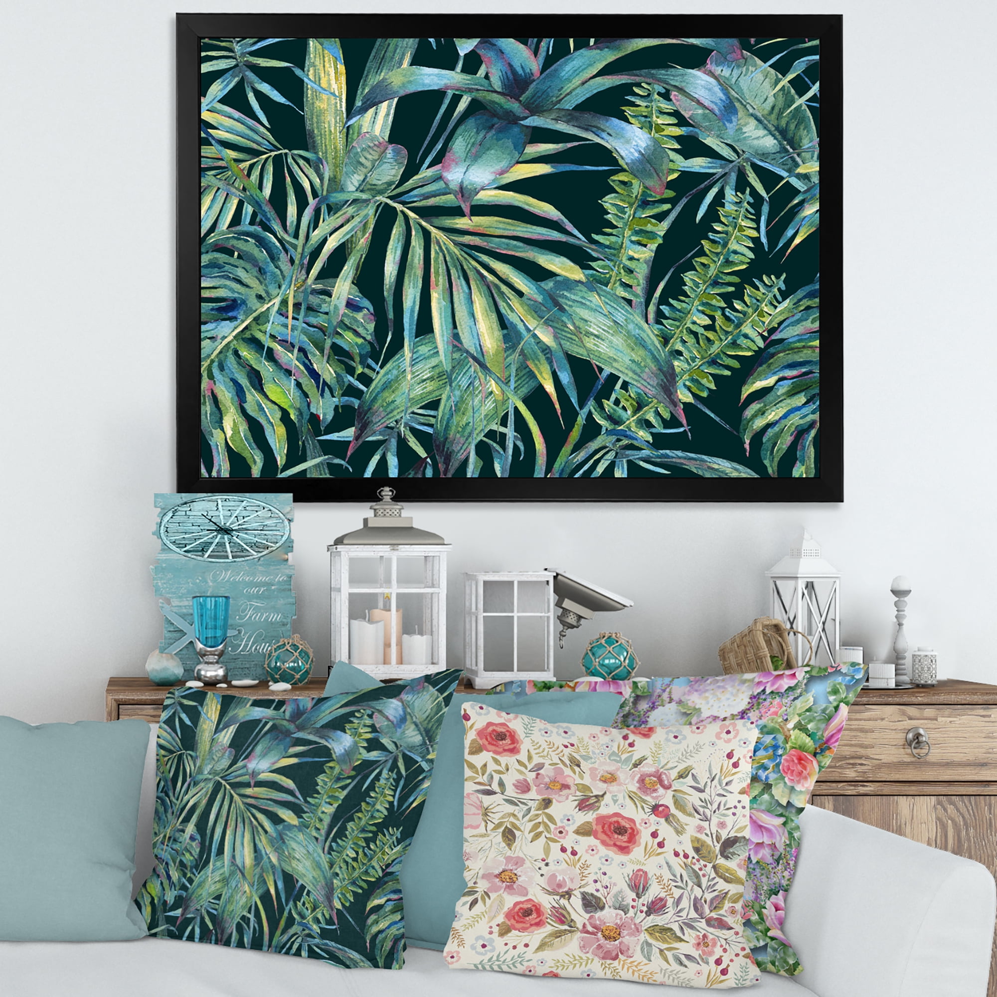 Designart 'Natural Green Leaves Exotic On Dark I' Tropical Framed Art Print