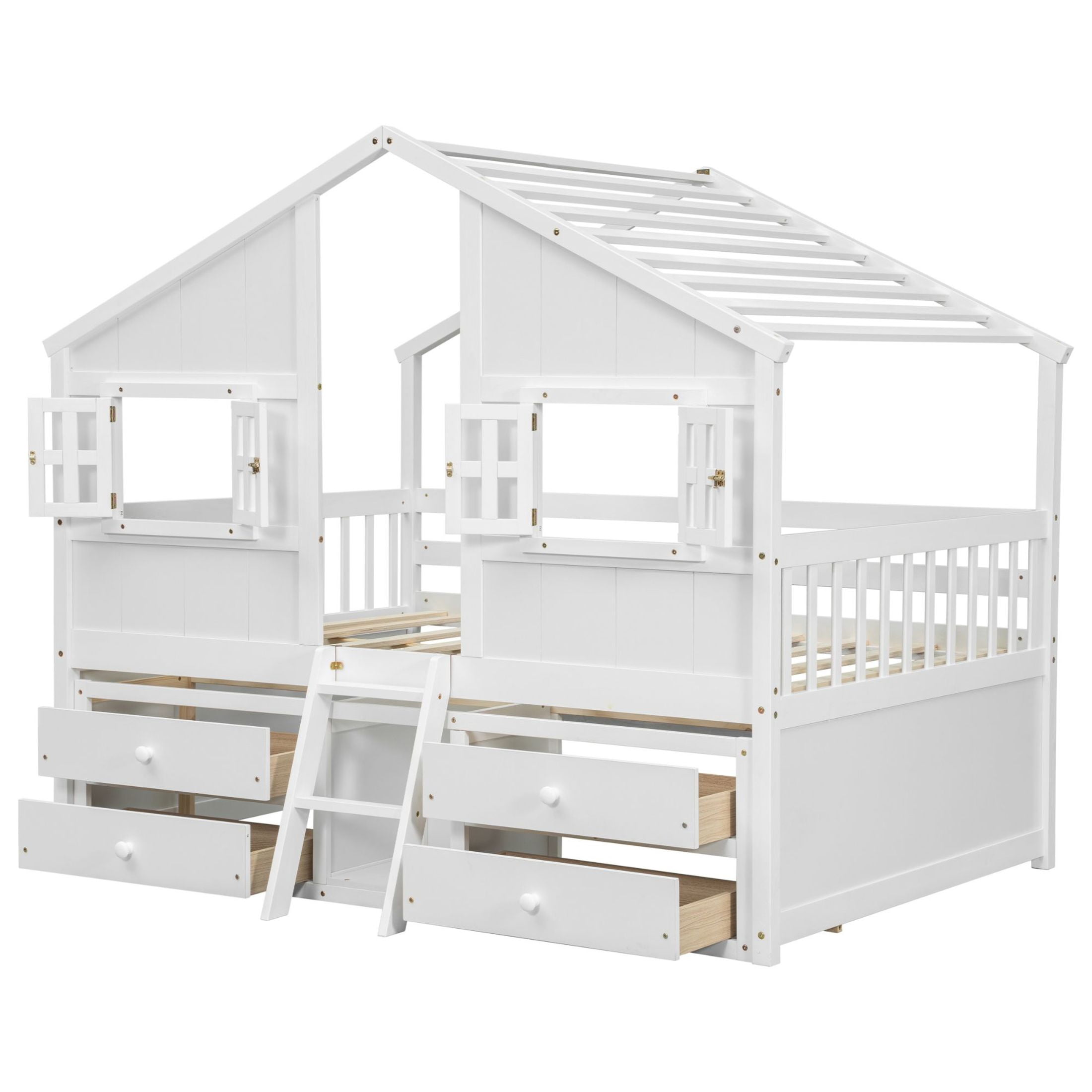 Noble House Full Size House Loft Bed, Pine Wood Frame with Roof, Windows, Ladder, and Storage Drawers, White