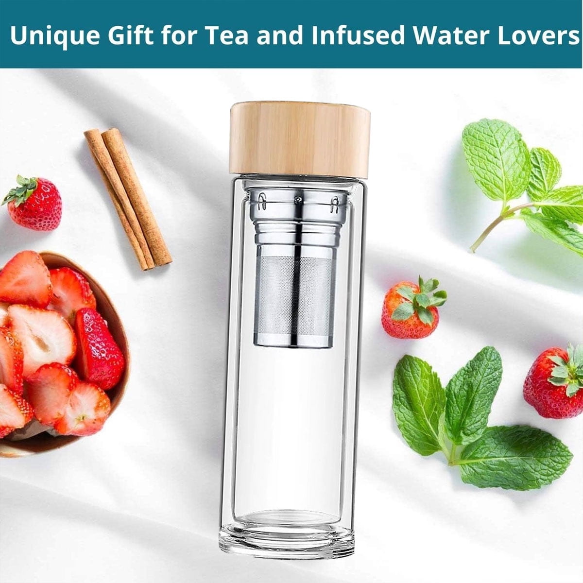 Reusable And Leakproof Tea Infuser Bottle, Double Walled Borosilicate Glass Crystal Infused Water Bottles For Stylish Hydration, Non Slip Neoprene Sleeve Ensures Secure Grip