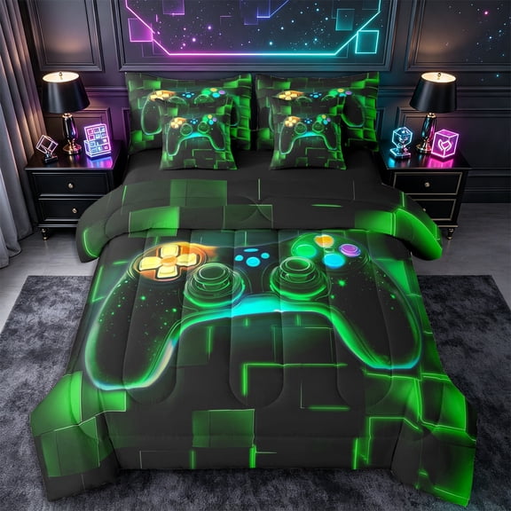 Erosebridal 7-Piece Gamer Comforter Set,Twin,Gaming Bedding with Neon Glowing Green Geometric Patterns