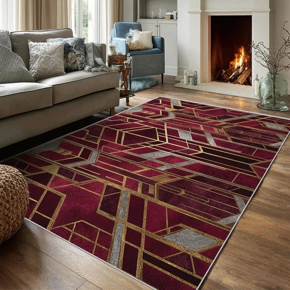 Modern Geometric Rug Burgundy Gold Abstract Area Rug for Bedroom, Living Room, Home Decor Contemporary Indoor Floor Carpet Washable Non Slip-3' x 4'
