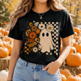 thumbnail image 4 of Floral Ghost Halloween T-Shirt, Retro Daisy Checker Graphic Tee, Comfort Colors Spooky Season Fall Apparel Gift for Women - Black, S, 4 of 5