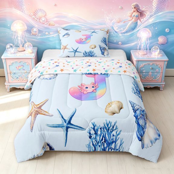 meiyoeat Rainbow Monogrammed J Twin Comforter Sets for Girls, Cute Blue Ocean Axolotl Bedding Set, Star Reversible, 2pcs, 1 Comforter and 1 Pillowcase
