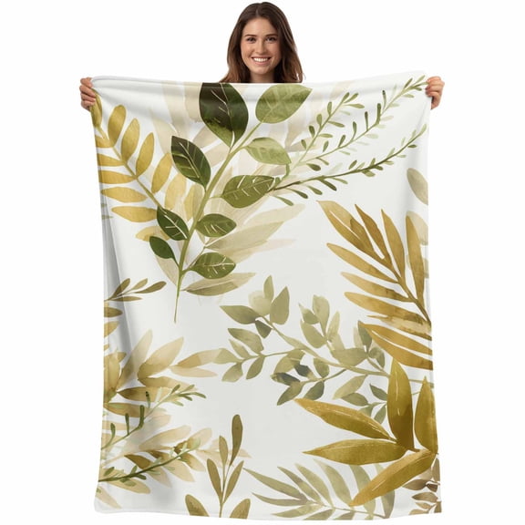 Brown Green Leaves Blanket Soft Cozy Warm Twin Blanket for Bed, Plush Fuzzy Flannel Fleece Blankets for Sofa, Summer Botanical Farmhouse Watercolor Leaf Throw Blankets for Couch Gifts, 60"x80"