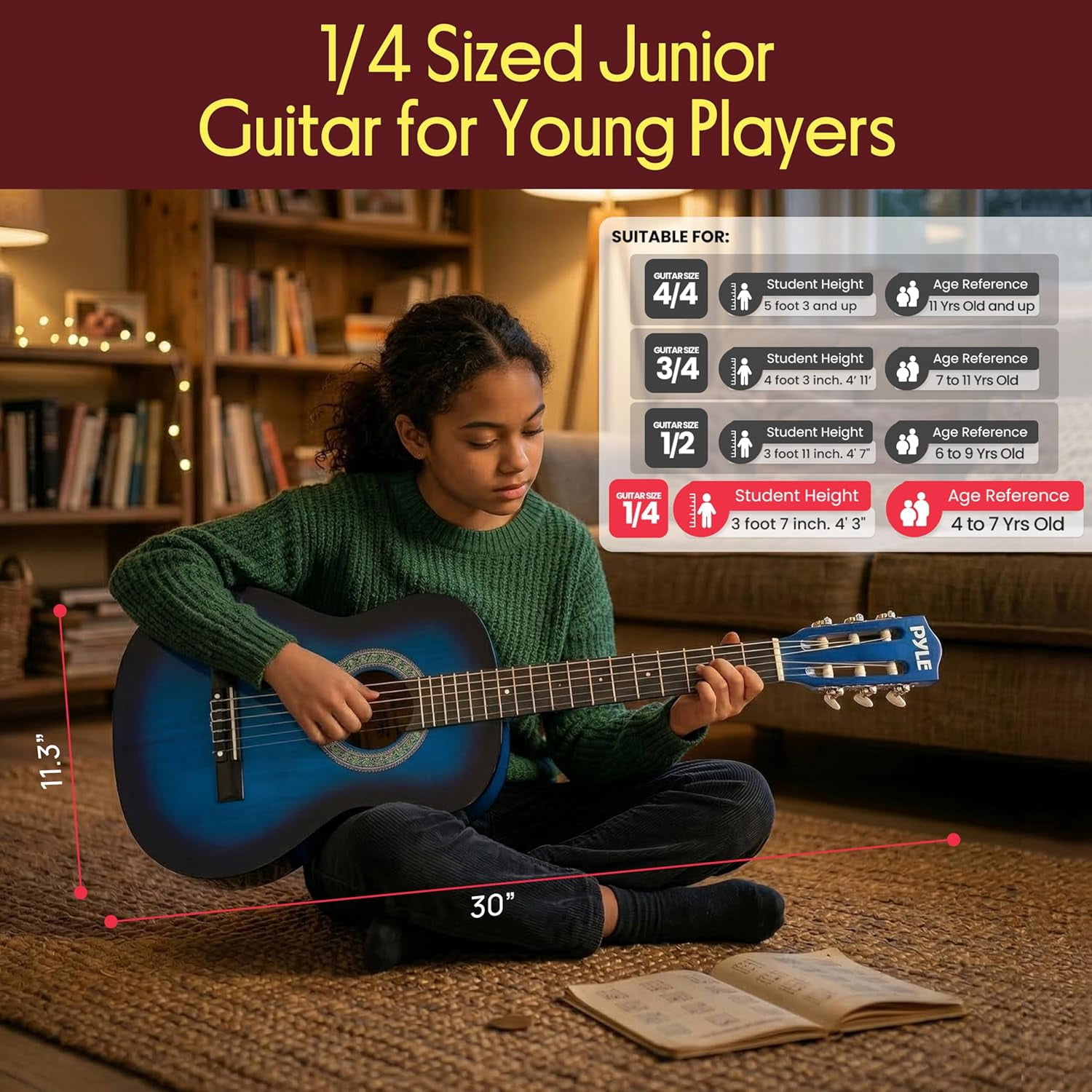 Pyle Beginner 6-String Acoustic Guitar Kit – Full-Size Guitar with Picks, Strap, Tuner & Gig Bag, Complete Starter Set for Easy Learning (Blue)