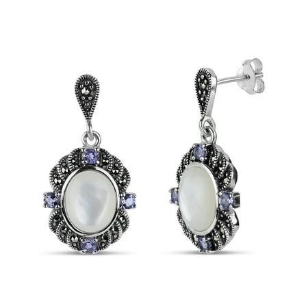 Ss Marcasite Pearl - Genuine Amethyst and Mother Of Pearl with Swarovski Marcasite Sterling Silver Oxidized Drop Earrings