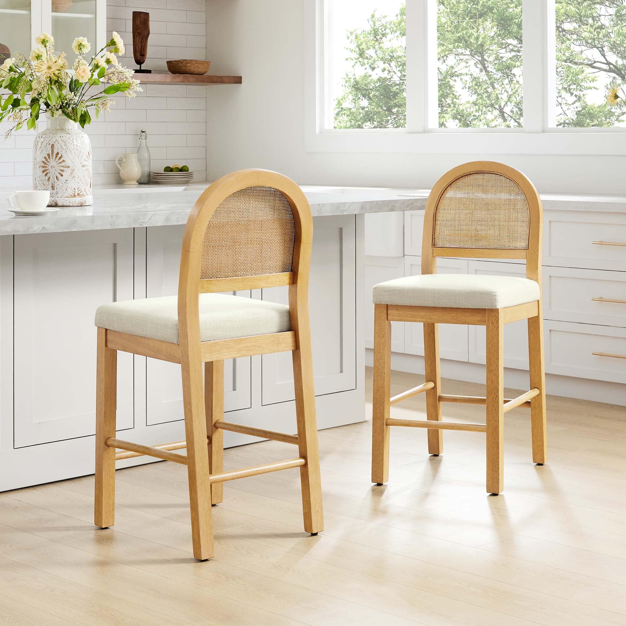 Spruce & Spring Boho Rattan Counter Stool with Solid Wood Frame and Upholstered Seat Set of 3, Natural