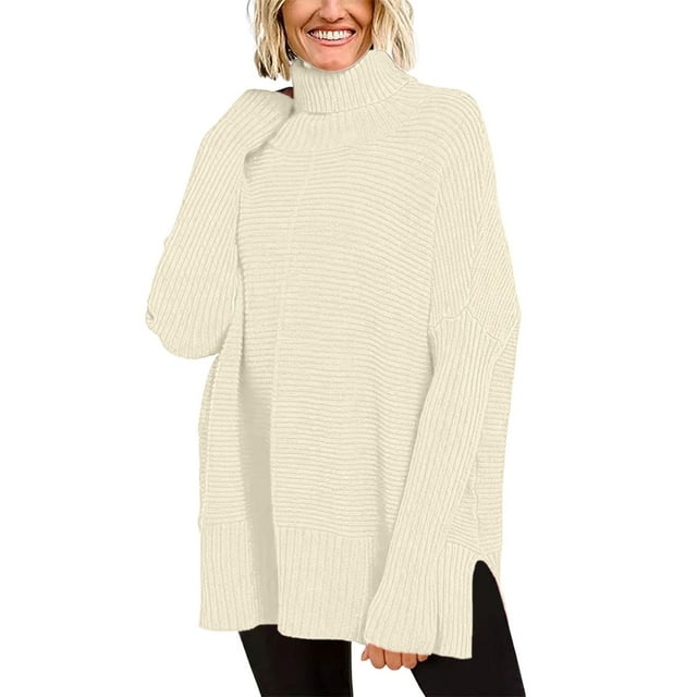 SGMVNU Women's Oversized Turtleneck Sweaters Fall Long Sleeve Ribbed Tunic Sweater Chunky Pullover Knit Tops(Beige, S)