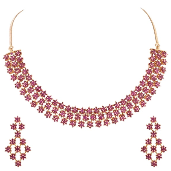 Ratnavali Jewels Women's Gold Tone Red Cubic Zirconia Triple Line Necklace Earrings Set for Brides and Weddings RV2907R