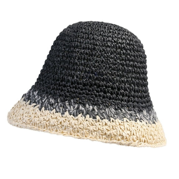 56-58cm head circumference straw hat female summer sunscreen sunshade fisherman hat color matching breathable hatblack